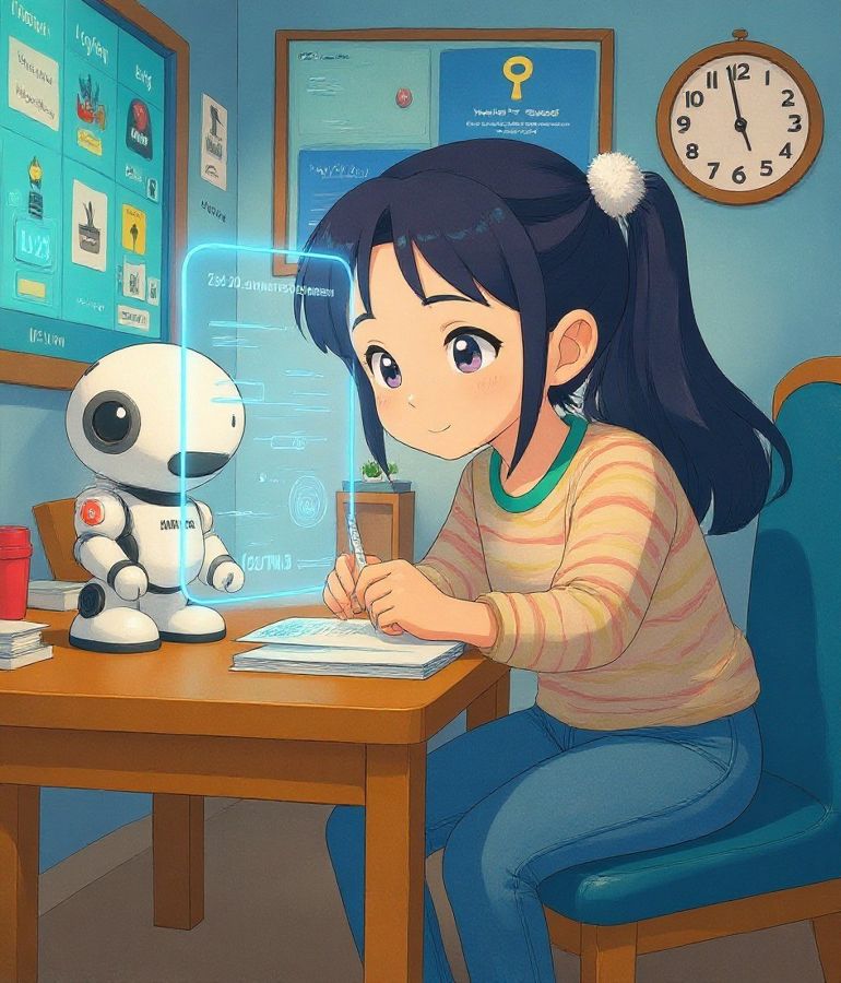 AI로 만든 일러스트 — 아이와 로봇이 책상에서 함께 공부하는 장면